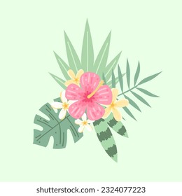 Summer flowers and leaves, hibiscus and plumeria hand drawn colorful trendy vector illustration