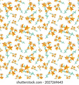 Summer flowers and leaves pattern seamless. Abstract orange ana yellow lily flowers on twigs repeating endless ornate. Beautiful blossom botanical wallpaper. Vector illustration with floral texture