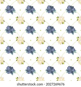 Summer flowers and leaves pattern seamless. White and blue flowers in linear repeating tile endless ornate backdrop. Beautiful blossom botanical wallpaper. Vector illustration with floral texture
