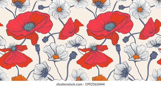Las flores de verano pradera. Patrón sin foco con amapolas y marimotos rojas y blancas