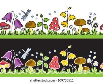 Summer flowers  and mushrooms on meadow  - seamless background