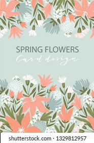 Summer flowers on the blue background. Floral poster or greeting card design with place for your text. Vector cute hand drawn wedding illustration