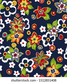 summer flowers on blue background seamless pattern