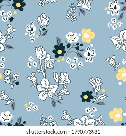 Summer flowers on grey background. Seamless print with small plants. Vintage collection. Template for textile design, cards, wallpapers, gift wrappings.