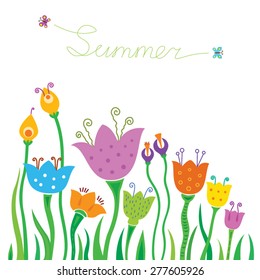 Summer flowers on a white background, flying butterflies, word-summer, place for text