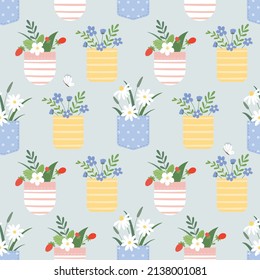 Summer flowers in a pocket. Seamless pattern. Vector background in a simple flat style.