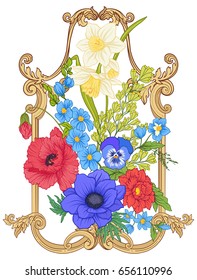 Summer flowers: poppy, daffodil, anemone, violet, in botanical s