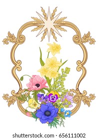 Summer flowers: poppy, daffodil, anemone, violet, in botanical s