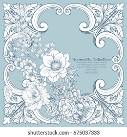 Flores de verano: amapola, daffodil, anémona, violeta, en estilo botánico con marco rococó vintage para texto. Es bueno para tarjetas de felicitación por cumpleaños, invitación o banner. Ilustración vectorial de línea de material.