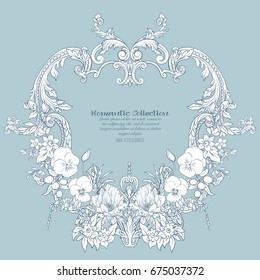 Summer flowers: poppy, daffodil, anemone, violet, in botanical style with vintage rococo frame for text. Good for greeting card for birthday, invitation or banner. Stock line vector illustration.