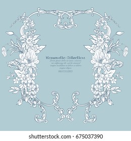 Summer flowers: poppy, daffodil, anemone, violet, in botanical style with vintage rococo frame for text. Good for greeting card for birthday, invitation or banner. Stock line vector illustration.