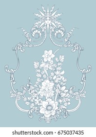 Summer flowers: poppy, daffodil, anemone, violet, in botanical style with vintage rococo frame for text. Good for greeting card for birthday, invitation or banner. Stock line vector illustration.