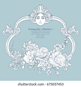 Summer flowers: poppy, daffodil, anemone, violet, in botanical style with vintage rococo frame for text. Good for greeting card for birthday, invitation or banner. Stock line vector illustration.