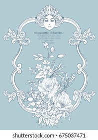 Summer flowers: poppy, daffodil, anemone, violet, in botanical style with vintage rococo frame for text. Good for greeting card for birthday, invitation or banner. Stock line vector illustration.