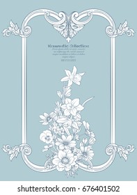 Summer flowers: poppy, daffodil, anemone, violet, in botanical style with vintage rococo frame for text. Good for greeting card for birthday, invitation or banner. Stock line vector illustration.