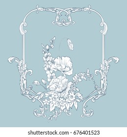 Summer flowers: poppy, daffodil, anemone, violet, in botanical style with vintage rococo frame for text. Good for greeting card for birthday, invitation or banner. Stock line vector illustration.