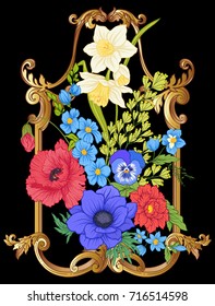 Summer flowers: poppy, daffodil, anemone, violet, in botanical s