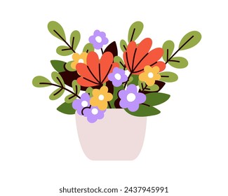 Summer flowers in pot. Floral plants, wildflowers, leaf branches in vase. Spring blooms, blossomed gift, natural field flora decoration. Flat vector illustration isolated on white background