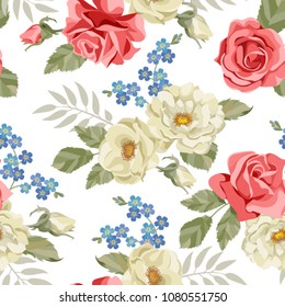 Summer flowers seamless pattern. Beautiful roses vector texture. Seamless Trendy Roses Pattern in Vector. Vintage roses background. 