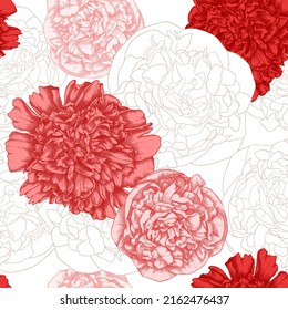 Summer flowers seamless pattern. Hand-sketched peony background. Perfect for greeting cards, wedding invites, banners, wrapping paper, and textile. Botanical illustration with floral peony sketches
