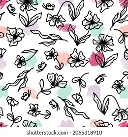 Summer flowers seamless pattern on spotted background. Perfect for scrapbooking, greeting card, textile and prints. Hand drawn vector illustration for decor and design. 
