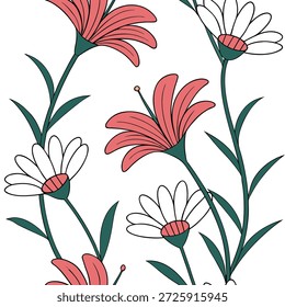 Flores de verão padrão perfeito com contrastes de cores ricos e pétalas vibrantes para um conceito de estilo artístico ousado de verão como padrão de flor de verão artístico com contrastes de cores ricos e pétalas vibrantes perfeitas para projetos expressivos ousados no conceito de Photo Stock e espaço vazio no lado esquerdo, sem texto —ar 7:2 —tile