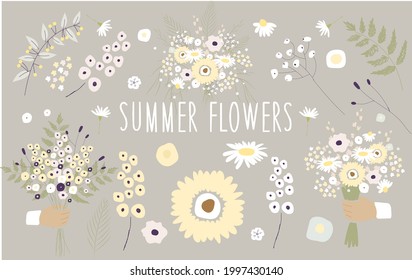 Summer flowers. Set of vector flowers, in pastel colors for design, print, patterns, banner, poster, stickers, cards.
