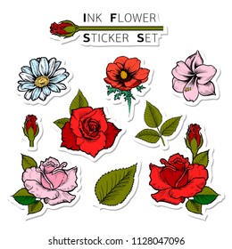 Summer flowers sticker set. Rose, daisy, poppy, amaryllis. Colored vector image. Print, cut and stick ready flowers.