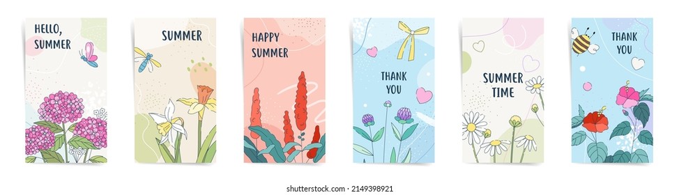 Summer Flowers Story Design Template Set For Social Median Posts, Stories, Floral Banners And Decorative Poster Background. Vector Summertime Nature Concept Promo Illustrations.