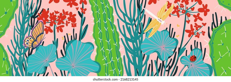 Summer flowers time. Set posters with summer flowers and bright backgrounds, abstract birds, butterflies, gardening and nature. Illustration vector for banner, postcard