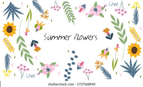 
Summer flowers. Vector illustration with beautiful summer flowers, for invitation, greeting card, booklet, packaging, design, print, business, books.