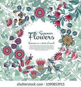 Summer Flowers Vector Illustration in Cartoon Style. Wreath of Garden Plants. Template with Elegant Bouquet and text for greeting card, invitations, poster, save the date, printing, web design, cover 