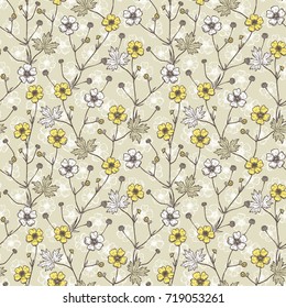 Summer Flowers Vector Seamless Pattern. Hand drawn Sketch Buttercups. Flowers and Leaves. Wildflowers Floral Background