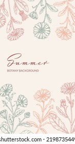 Summer flowers vertical packaging design with hand drawn elements. Vector illustration in sketch style