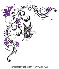 Summer flowers in violet, purple and black. Beautiful tendril with butterfly. Floral art.