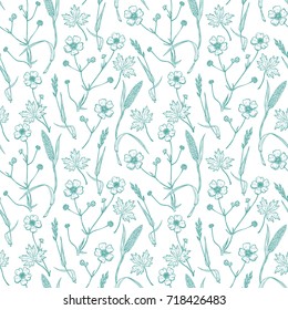 Summer Flowers and Wild Cereal Herbs Vector Seamless Pattern. Buttercups, Timothy and Wild Oat Grass. Hand drawn Sketch Flower, Leaves, Grass.  Wildflowers Floral Background 