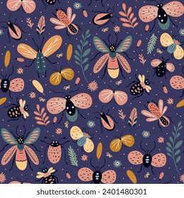 Summer fly bug insect cute bug seamless pattern. Beetle butterfly childish background.