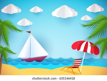 Summer flyer, banner or poster. Beach, chaise lounges and ship. Paper style.