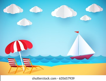 Summer flyer, banner or poster. Beach, chaise lounge and ship. Paper style.
