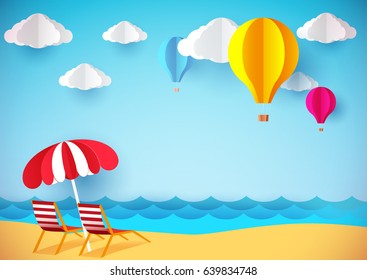 Summer flyer, banner or poster. Beach, chaise lounges and air balloons. Paper style.