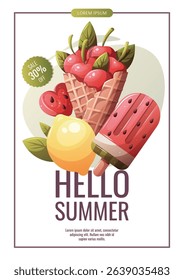 Summer flyer design with cherries in a waffle cone, watermelon popsicle, lemon. Vector illustration for promo, advertising, banner.