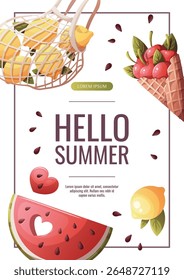 Summer flyer design with cherries in a waffle cone, watermelon slice, lemons. Vector illustration for promo, advertising, banner.	