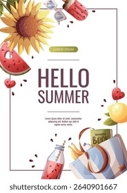 Summer flyer design with sunflower, beach bag, lemon, watermelon smoothie, popsicle, sunglasses. Vector illustration for promo, sale, flyer, banner.