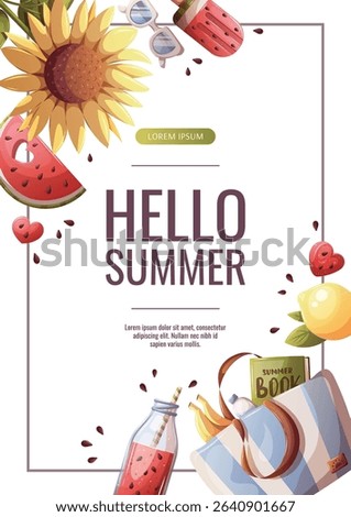 Summer flyer design with sunflower, beach bag, lemon, watermelon smoothie, popsicle, sunglasses. Vector illustration for promo, sale, flyer, banner.