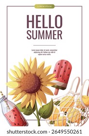Summer flyer design with sunflower, lemons, watermelon smoothie, popsicle. Vector illustration for promo, sale, flyer, banner.