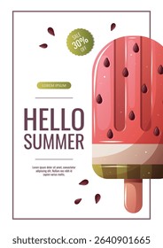 Summer flyer design with watermelon popsicle. Vector illustration for flyer, promo, sale, poster, banner.