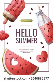 Summer flyer design with watermelon slice, smoothie, popsicle. Vector illustration for promo, advertising, banner.