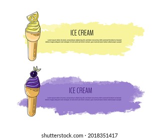 Summer Flyer with lettering and watercolor background. Vector illustration with lemon and blueberry ice cream. Sweet discounts