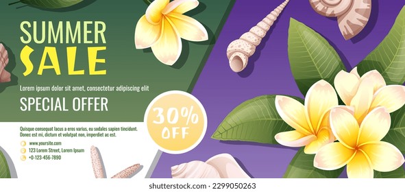 Summer flyer with plumeria and seashells. Discount coupon, special summer offer. Background, banner with seashells and frangipani flowers