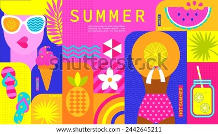 Summer flyer, poster.Design template with summertime symbols for party, fun.Background for summer themes,vacation,weekend,beach,travel.Perfect background for posters,cover art,web.Vector illustration.